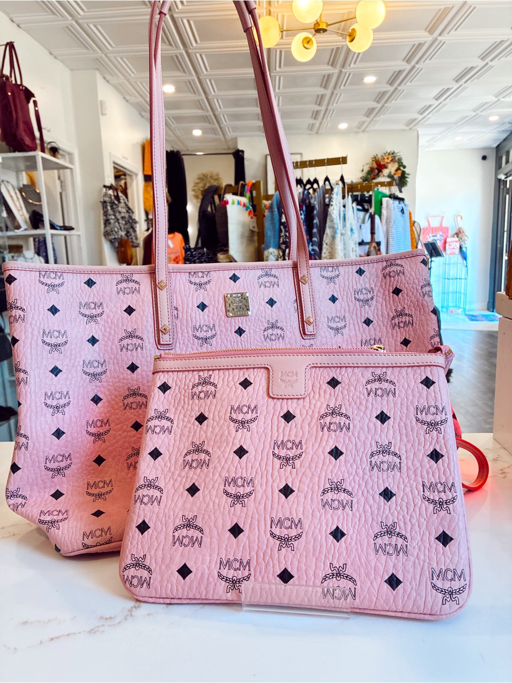 Mcm Pink Anya Visetos Logo Tote With Matching Removable Pouch